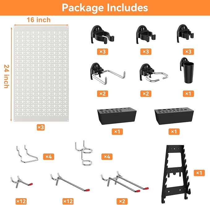 WALMANN Metal Pegboard Tool Organizer Boards with Pegboard Hooks, 24x48 in Tools Organizer Pegboard for Garage, Workbench, Peg Board, Tool Storage Board with Hooks(Grey)