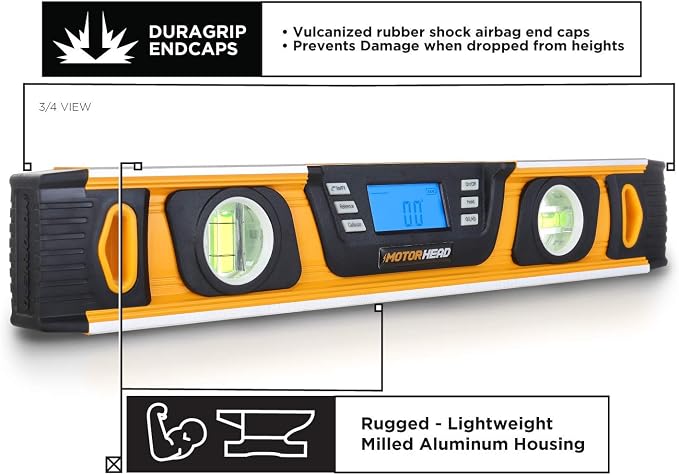 MOTORHEAD 16-Inch 0° - 180° SMART DIGITAL Level, LCD Screen, Audible Alerts, Water, Dust & Shock Resistant, Magnetic Bottom, Includes Bag, High-Visibility, Solid-Milled Aluminum, USA-Based Support | Audible Alerts, Water Dust & Shock Resistant, High-Vi...