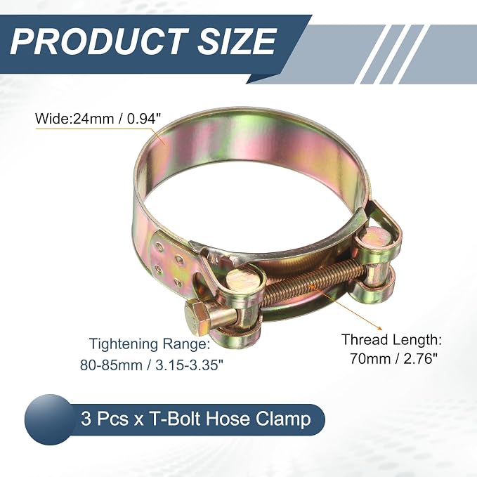 HARFINGTON 3pcs T-Bolt Hose Clamp 80-85mm (3.15-3.35") Galvanized Carbon Steel Adjustable Intake Radiator Pipe Clamps for Automotive Plumbing Industrial Pipes