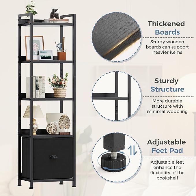 DUMOS 5 Tier Bookshelf with Fabric Drawer, Tall Industrial Bookcase, Narrow Display Standing Shelf, Black Wood and Metal Storage Shelf Organizer in Bedroom, Living Room, Black