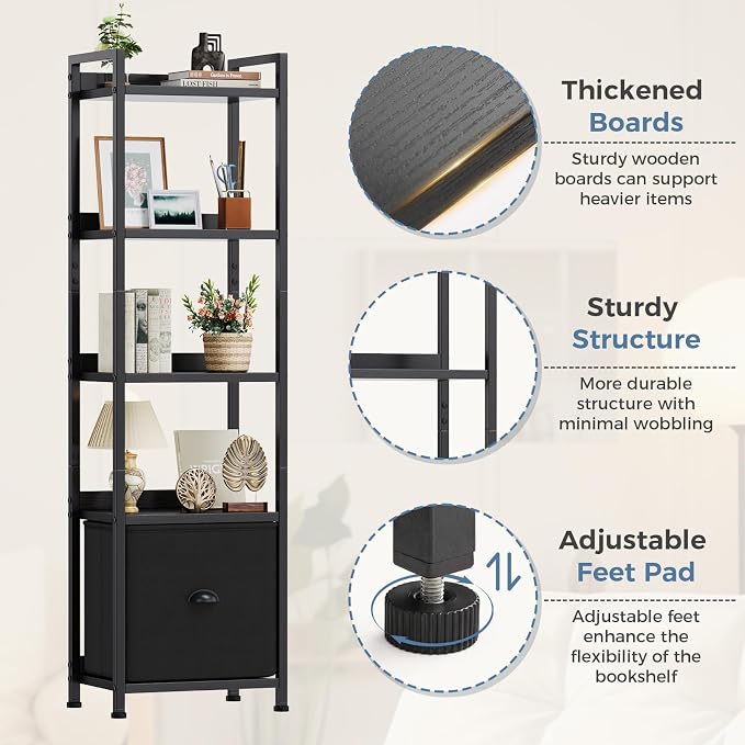 DUMOS 5 Tier Bookshelf with Fabric Drawer, Tall Industrial Bookcase, Narrow Display Standing Shelf, Wood and Metal Storage Shelf Organizer in Bedroom, Living Room, Black