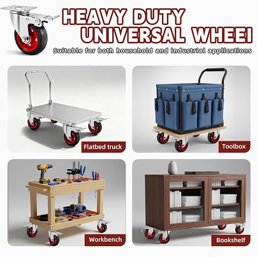 4 Inch Caster Wheels Heavy Duty with Dual-Lock Safety Brake and Rubber Tire Wheels, Heavy Duty - 300 Lbs Per Caster for Workbench, Trolley, Cabinet, Swivel Rubber Wheel 4-Packs with mounting Hardware