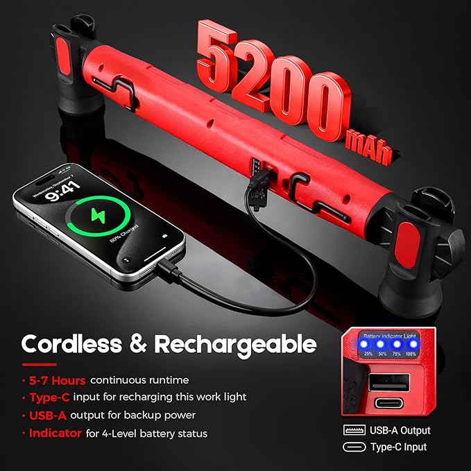 Magnetic Work Light, 3000LM Ultra Bright LED Magnetic Light Bar, 5200mAh Rechargeable Work Light with Hooks, Portable Under Hood Lights Machanic Tools for Car Repairing, Inspection, Garage, Emergency