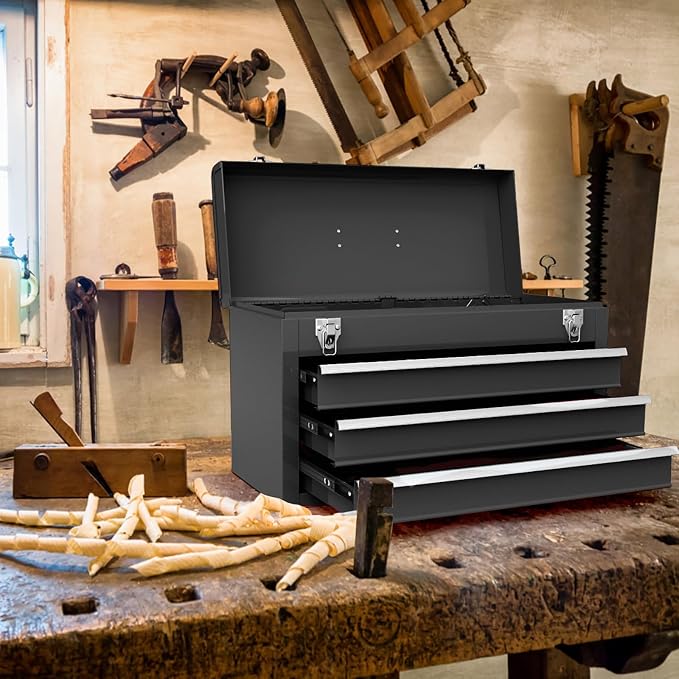 ERGOMASTER Portable Tool Box, Metal Tool Box with 3 Drawers, Lockable Heavy Duty Tool Chest Storage Toolbox for Garage, Workshop (Black)