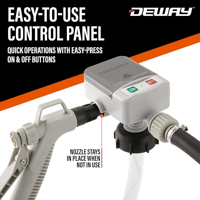 DeWay Fuel Transfer Pump for Gas Can with Manual Hand Trigger Nozzle | Fast 2.4GPM Flow Rate, 51” Heavy Rubber Hose, 4 AA Battery Power & 3 Adapters for Gasoline, Kerosene, Diesel & Non-Potable Water