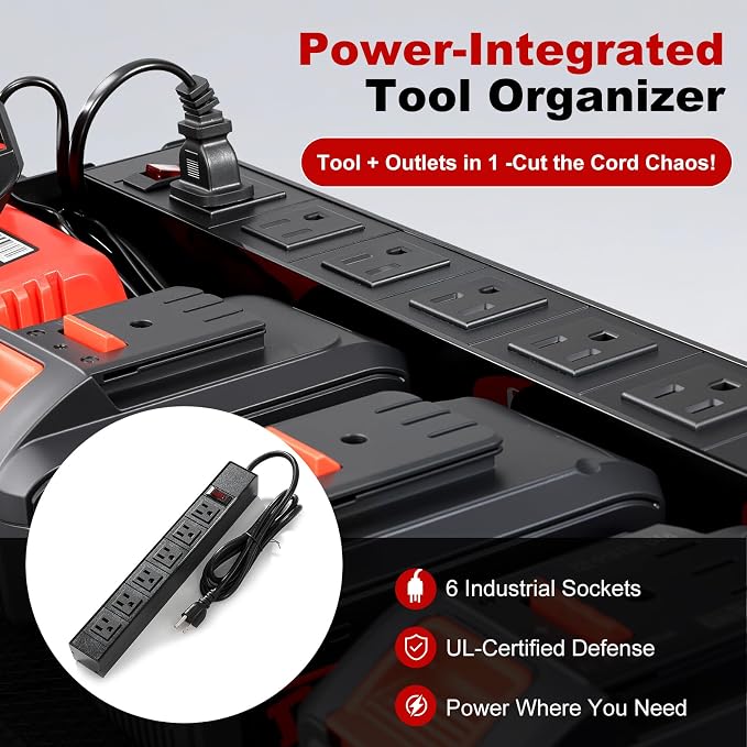 3 layers power tool organizer Loads 150lbs with 6 Cordless Drill Holder and 6 Outlet Power Strip,it’s good choice for husband birthday gift,red