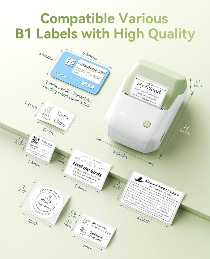 NIIMBOT B1 Label Maker Machine, Thermal Label Printer Easy to Use for Office, Home, Business, Came with 1 Roll White Label(Green)