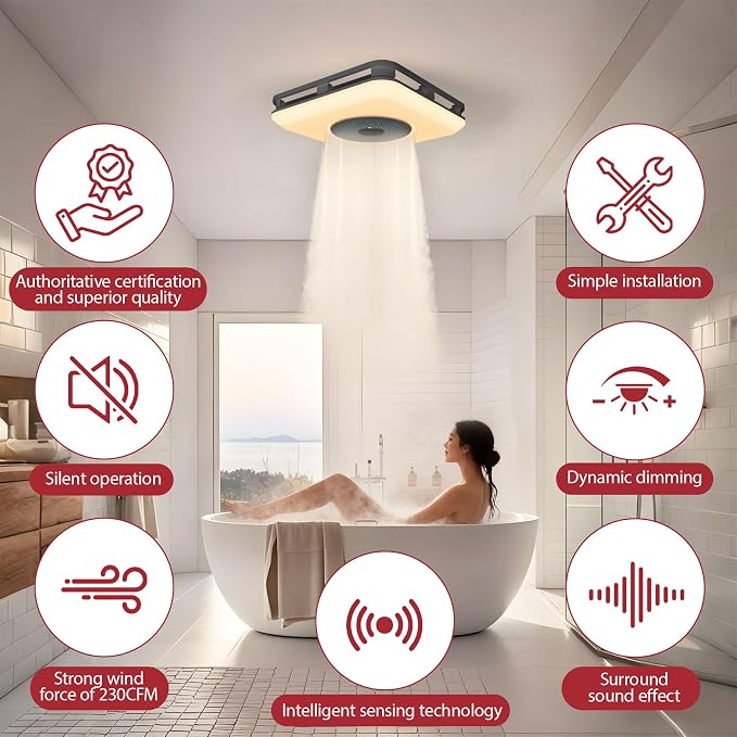 Bathroom Exhaust Fan with Bluetooth Speaker, Bathroom Fan Light, 230 CFM 1.0 Sone, Strong Wind Force & Very Quiet, Noise-cancelling Bluetooth speakers, 7 color dynamic lighting, Play Easy Install