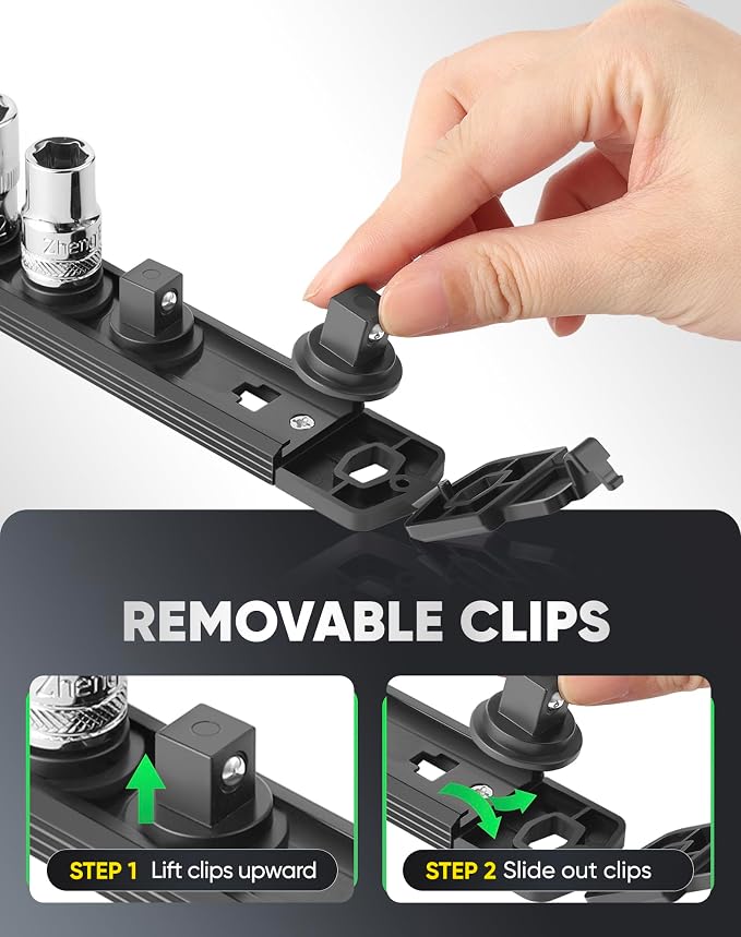 ALOANES Magnetic Socket Organizer Set, 6PC Heavy Duty Aluminum Socket Holder Organizer, 360° Swivel Clips Socket Holder Kit for Toolbox Drawer Fit 1/2, 3/8, 1/4-Inch x 80 Clips (Black, 6PC)