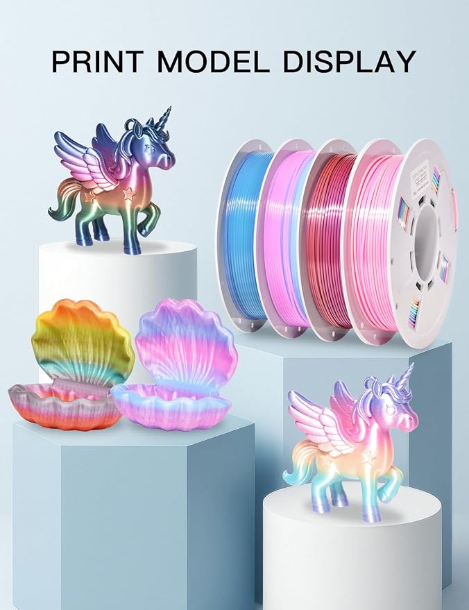 PINBALL Silk Rainbow & Crystal Rainbow PLA Filament 1.75mm, 3D Printer Filament Fast Color Change, Fit Most FDM Printers, 250g Spool, 4 Rolls