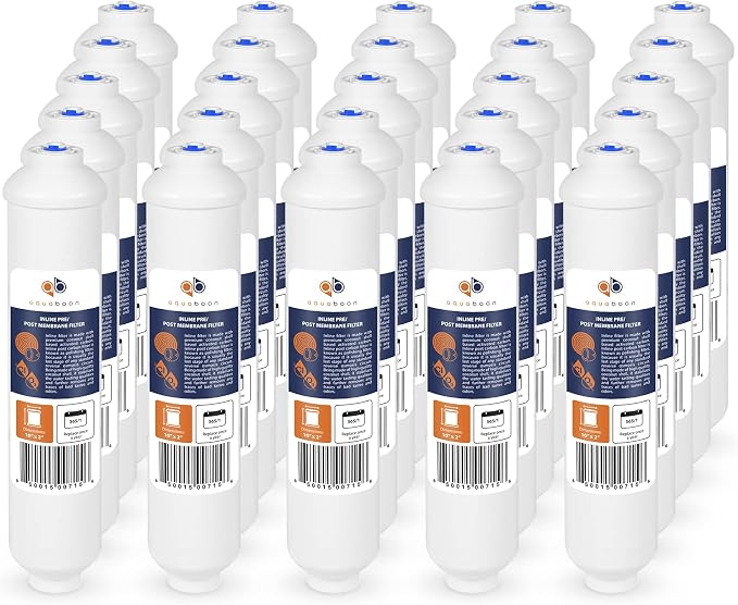 Aquaboon T33 Inline Post Activated Carbon Water Filter for Refrigerator, Ice Maker w/Quick Connect for 1/4 Water Line Compatible with ICF-10, 25-Pack