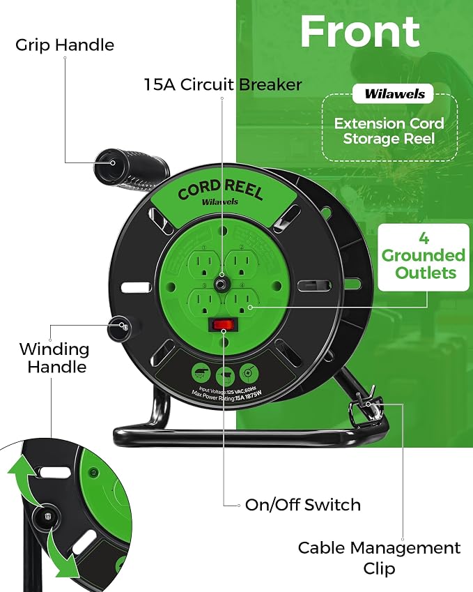 18W LED Work Light and Extension Cord Storage Reel with 4-Grounded Outlets Bundle, for Garage, Workshop, Car Repair Scene, ETL Listed J04WL06-J95CR06