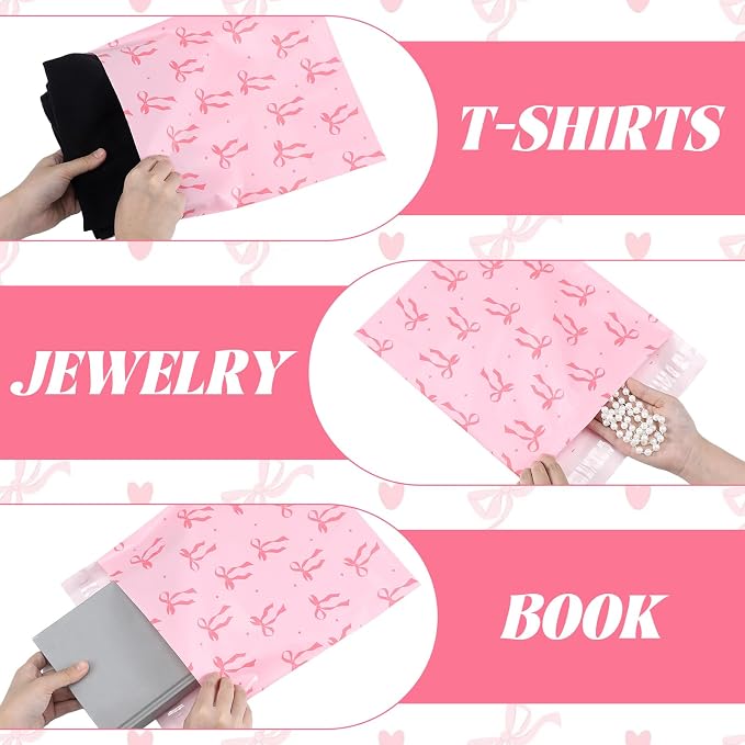 200 Pack 10x13 Pink Bow Poly Mailers Waterproof Self Adhesive Cute Shipping Bags with Thank Cards and Stickers for Small Business Large Mailing Envelopes Bulk Tear Resistant