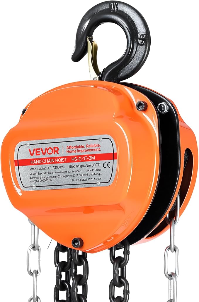 VEVOR Hand Chain Hoist, 1 Ton 2200 lbs Capacity, Manual Chain Block with Upgrade G80 Galvanized Chain, 10 ft Lifting Height, Heavy Duty Pulley Hoist for Garage Warehouse Automotive Machinery, Orange
