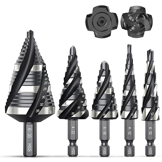 THINKWORK Four Spiral Flute Step Drill Bit Set (Metric), 5 Pcs HSS Step Drill Bits (4mm-35mm) Unibit Step Drill Bit, 6mm and 10mm Shank Step Bits for Aluminum, Wood, Plastic, Metal