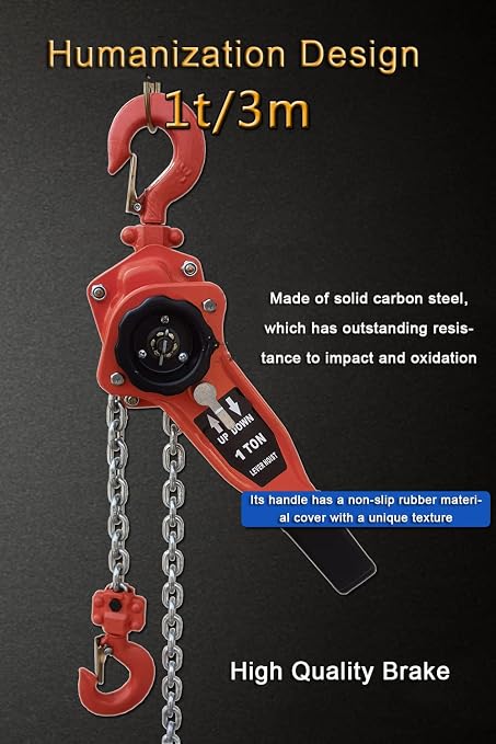 Lever Chain Hoist 2200LBS 10FT, 1T 3M Lever Chain Hoist 1 ton Commercial Portable Hooks for Building Garages Warehouse Automotive Machinery【orange-1T/3m】