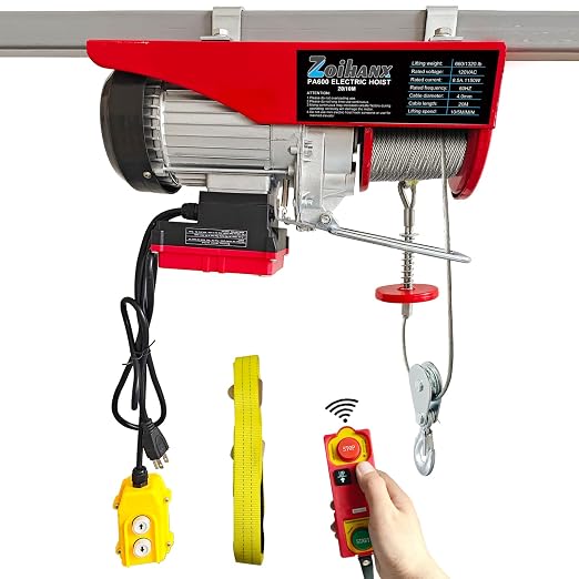 2 in 1 Electric Hoist,110V Electric Hoist with Remote Control,1320 lbs | Single/Double Slings Steel Hoist winch ,33ft/65.6ft Attic Lifts for Garage ,Warehouse ,Factory,Construction Site