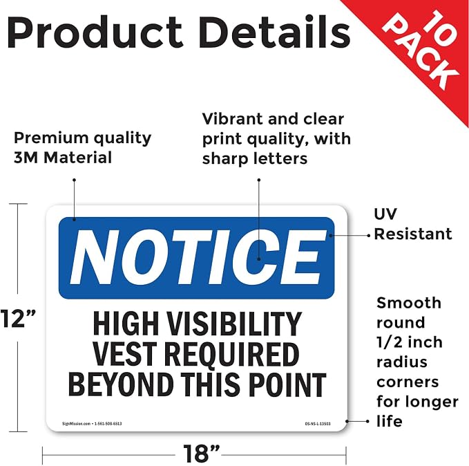 High Visibility Vests Required Beyond This Point OSHA Notice Vinyl Decal Label 18 Inch x 12 Inch - 10 Pack