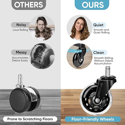 TICONN Office Chair Caster Wheels Set of 5 for Tile, Hardwood Floors and Carpets, Universal Fit for Most Chairs (Transparent)