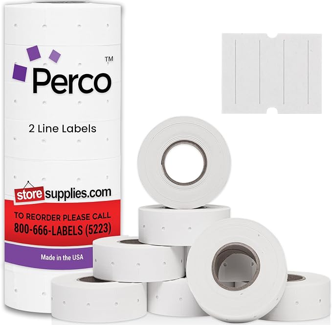 Perco 2 Line White Labels - 6,000 Blank Price and Date Gun Labels for Perco 2 Line Price and Date Guns - 8 Rolls, 1 Sleeve - Made in USA