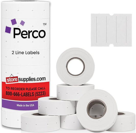 Perco 2 Line White Labels - 6,000 Blank Price and Date Gun Labels for Perco 2 Line Price and Date Guns - 8 Rolls, 1 Sleeve - Made in USA