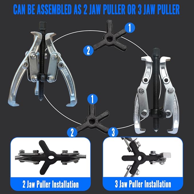 3" 4" 6" 8" Gear Puller Set,2 Jaw & 3 Jaw Bearing Puller Kit with Reversible Jaws,Cr-V Steel Heavy Duty Pulley Puller Tool for Internal External Bearing Gear Pulley Flywheel Removal.