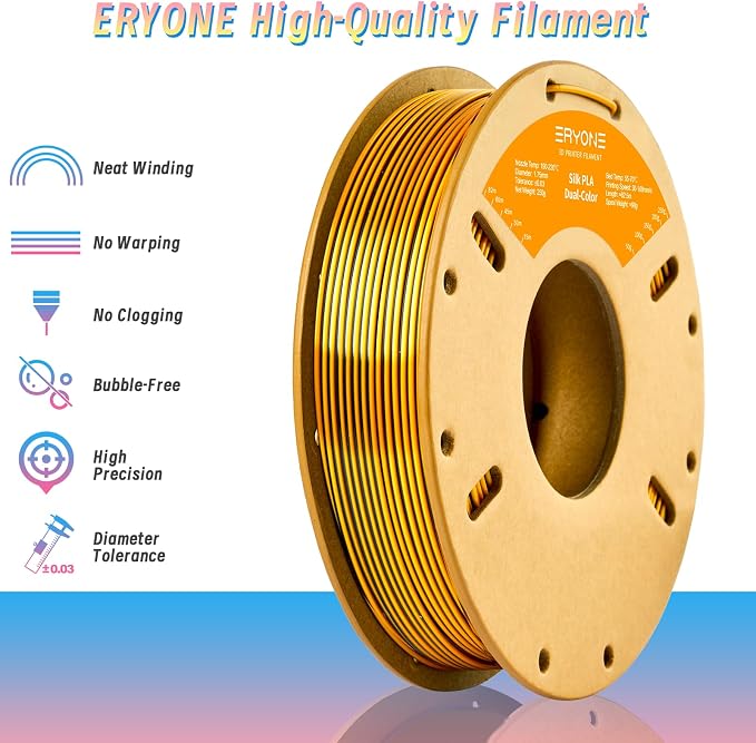 ERYONE PLA Filament 3D Printer Filament Multicolor 1.75mm +/- 0.03mm, PLA Filament 250g Spool, Silk Dual Color Black Dark Gold
