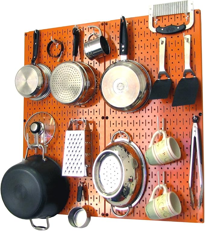Wall Control Kitchen Pegboard Organizer Pots and Pans Storage Rack Organization Kit with Orange Pegboard and White Accessories