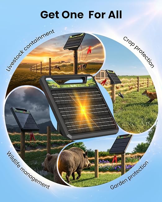45-Mile Solar Electric Fence Charger, Epoify 1.0J LD03 Fence Charger with 8000mAh Battery & 8W Panel, 8KV-12KV High Voltage Pulse Electric Energizer for Cattle, Horse, Deer & Predator Control