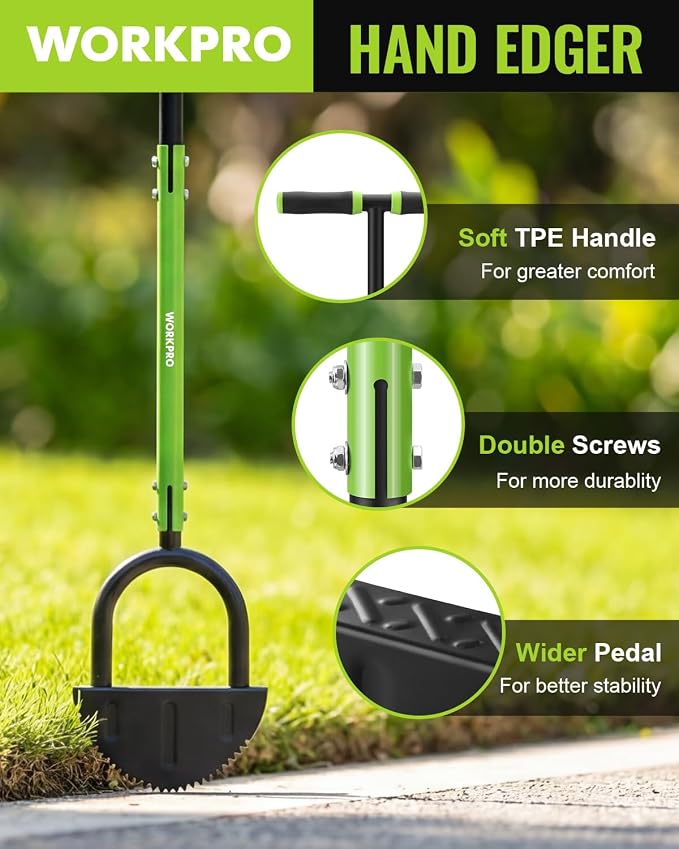 WORKPRO 40-Inch Edger Lawn Tool, Half Moon Saw Tooth Lawn Edger | Half Moon Saw-Tooth Steel Blade, Wide Footplate, Ergonomic T-Handle, Manual Garden Edger For Lawn, Sidewalk & Landscaping
