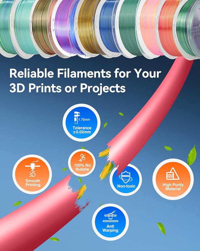 JAYO Silk Dual & Tri Color PLA Filament 1.75mm 10 Pack, Shiny Multicolor 3D Printer Filament Bundle, Blue-Green-Purple, Red-Yellow-Green & More, 1.1kg Spool Each, Compatible with Most FDM Printers