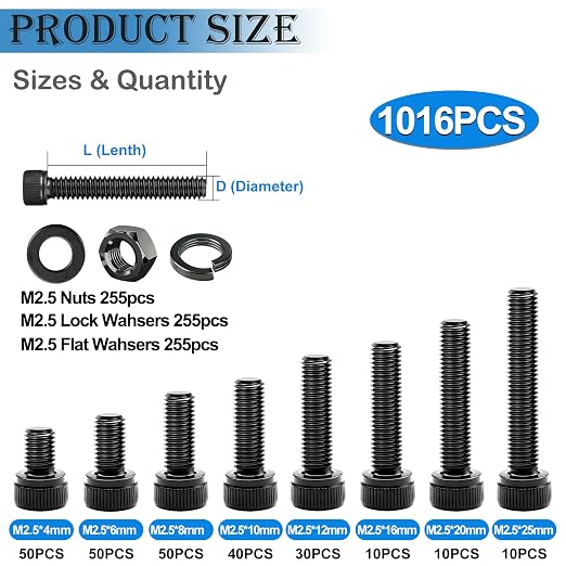 mxuteuk 1016PCS M2.5 Screws Kits,M2.5×4/6/8/10/12/16/20/25mm M2.5 Bolts,12.9 Alloy Steel M2.5 Hex Socket Head Bolts Nuts Washers Set Suitable for 3D Printer,DIY