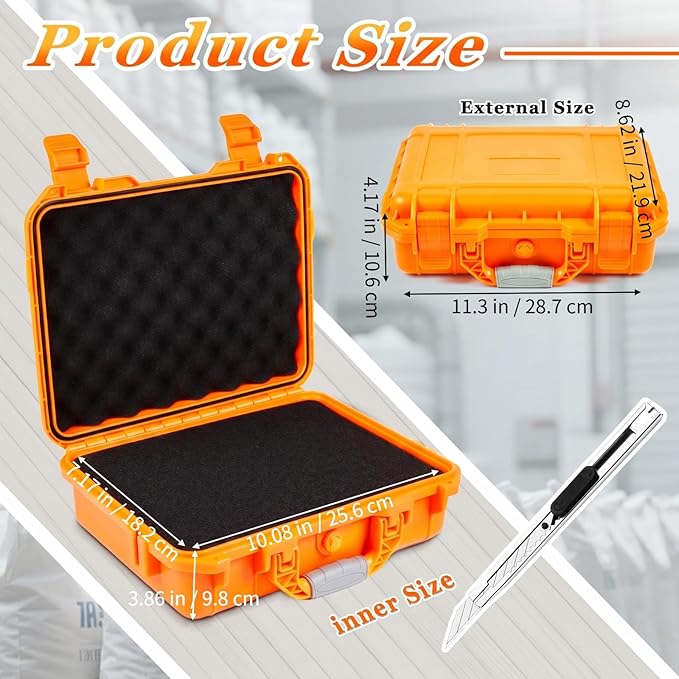 Relaxweex 1 Pcs Waterproof Hard Case with DIY Customizable Foam Insert Portable Protective Case with Knife for Camera Drones Equipments Tools Test Instruments(Orange,11.3 x 8.7 x 4.2 Inch)
