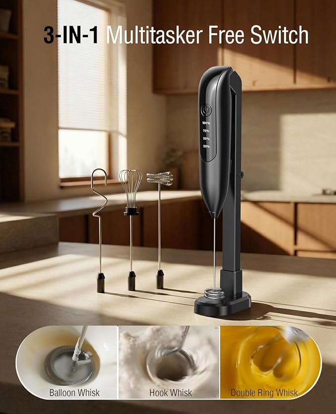 Dynooper Electric Milk Frother Handheld: Rechargeable 3 in 1 - LED Digital Display with 3 Speeds Portable Stainless Steel Drink Foam Mixer for Milk Coffee, Lattes, Valentine's Day gifts - Onyx Black