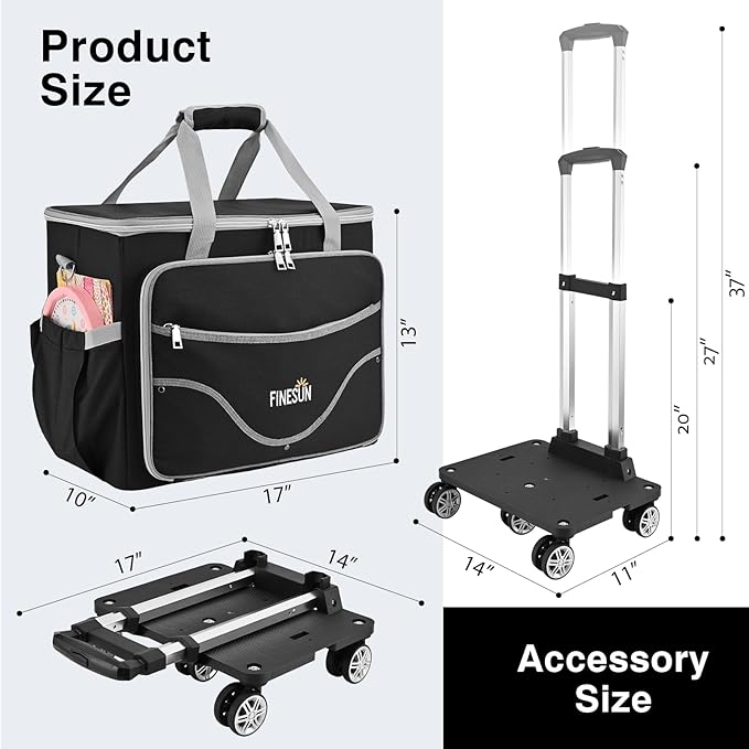 Rolling Teacher Tote Bag with Wheels, Heavy Duty Wheeled Craft Organizer Bag, Portable Art Scrapbook Storage Cart, Travel Office Carry Tote for Women Teachers Craft Supplies Storage Black