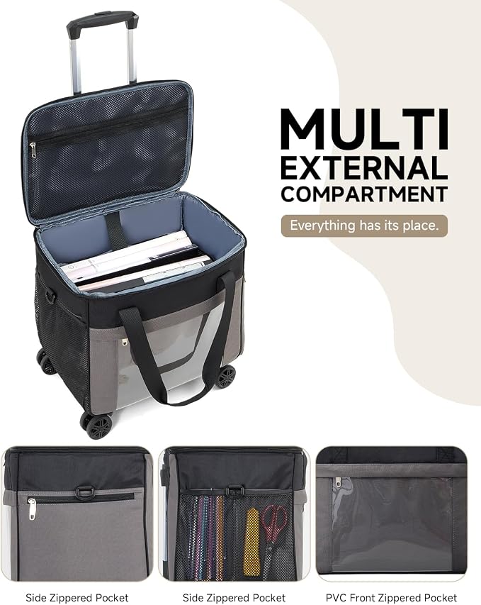 Amythe Rolling Teacher Tote Bag with 5-Wheel, Heavy Duty Organizer Work Bag Water-Resistant, Fits 15.6” Laptop for Crafter Nurse, Grey