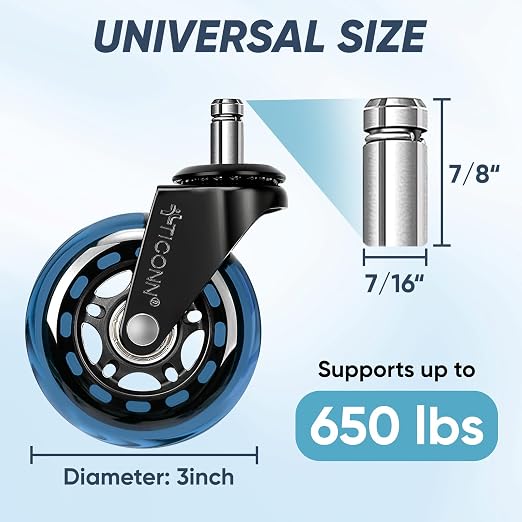 TICONN Office Chair Caster Wheels Set of 5 for Tile, Hardwood Floors and Carpets, Universal Fit for Most Chairs (Blue)