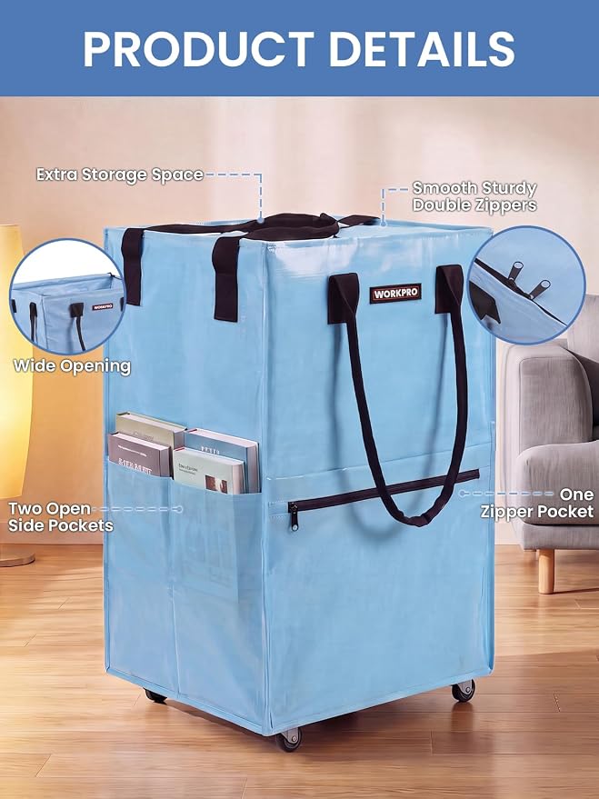 WORKPRO Medium Rolling Grocery Bag, 18-Gallon Tote with 4 Wheels, 75 lbs Capacity, Dual Carry, Wide Zipper & Extra Storage for Shopping, Laundry & Moving