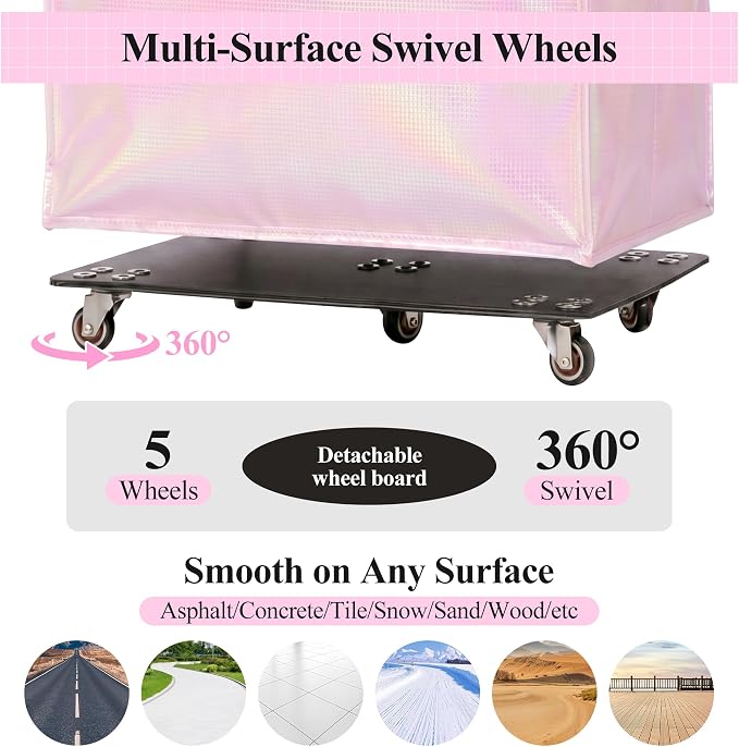 Reusable Grocery Bag on 5 Wheels, Rolling Shopping Bags with Removable Baseboard, Foldable Tote Cart for Groceries, Laundry, Organization, Moving (Pink)