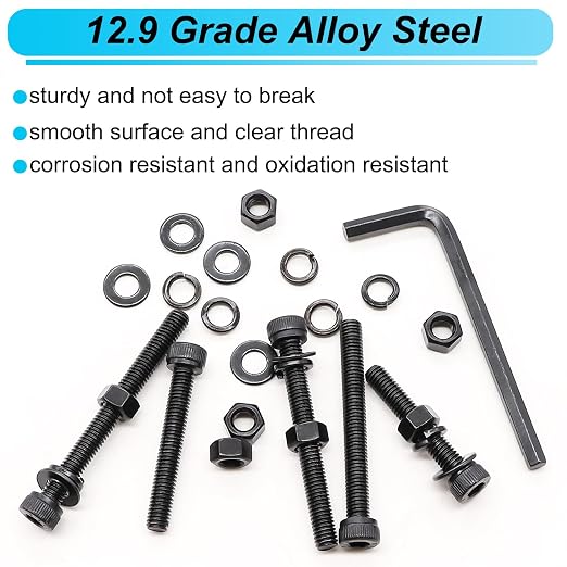 185PCS Black M5 Hex Socket Head Cap Screws, M5 x 30/35/40/45/50mm Metric Screws Bolts Nuts Washers Assortment Kit with Hex Wrench, 12.9 Grade Alloy Steel