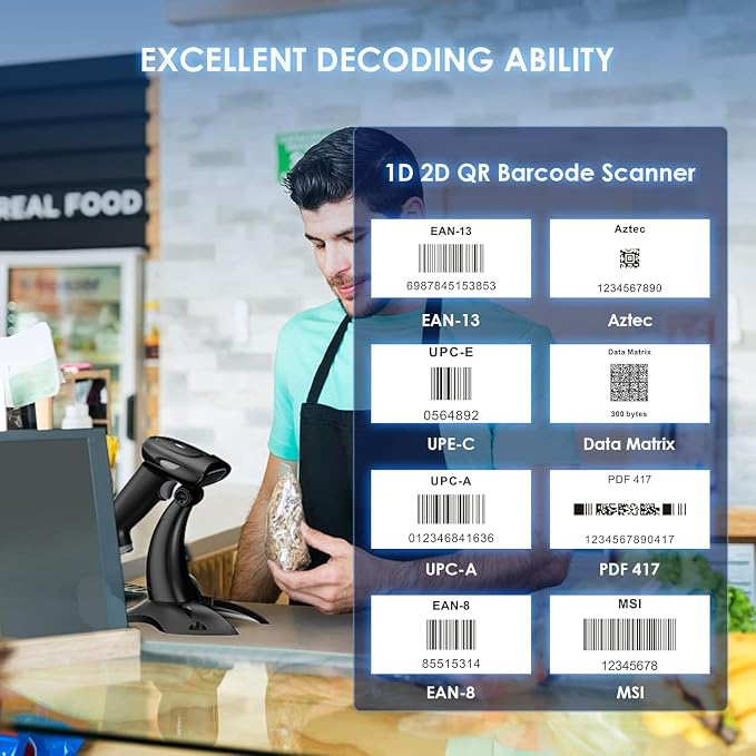 Eyoyo 2D 1D Wireless Barcode Scanner with Stand, 3-in-1 Barcode Reader 2.4G Wireless & Bluetooth & Wired USB Connection, Handheld QR Scanner Compatible with iPhone, Mac, Android, Store, Warehouse...