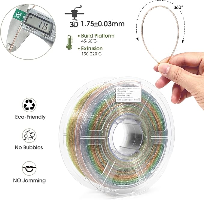 iSANMATE Clear PLA 3D Printer Filament, Transparent Rainbow Glitter Filament, PLA+, 1KG/Spool