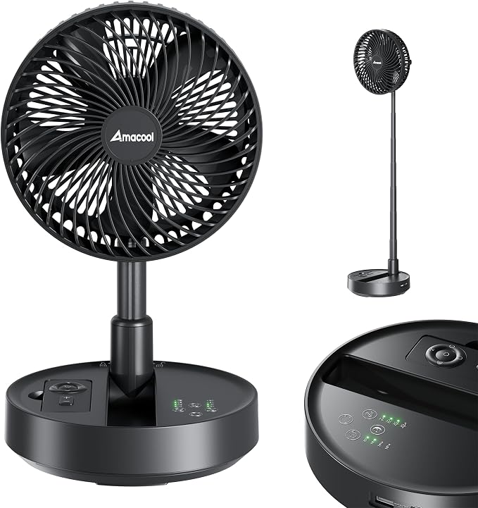 AMACOOL 8'' Foldable Oscillating Fan, 10000mAh Battery Operated with Remote & Timer, Height Adjustable Portable Standing Fan, Quiet USB Output for Camping RV Picnic Home Office Outdoor