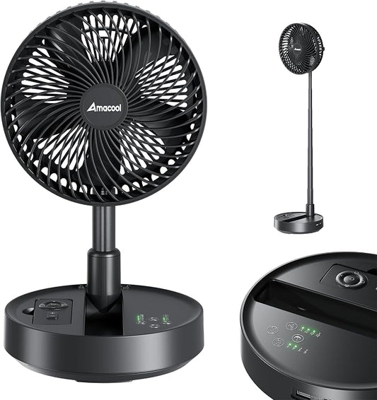 AMACOOL 8'' Foldable Oscillating Fan, 10000mAh Battery Operated with Remote & Timer, Height Adjustable Portable Standing Fan, Quiet USB Output for Camping RV Picnic Home Office Outdoor