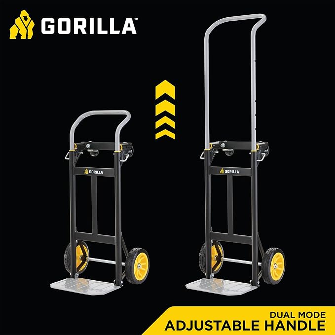Gorilla 400 lbs. Convertible Steel Hand Truck, Simple Flatbed Conversion; Wide Grip Telescoping Handle, Flat-Free Tires