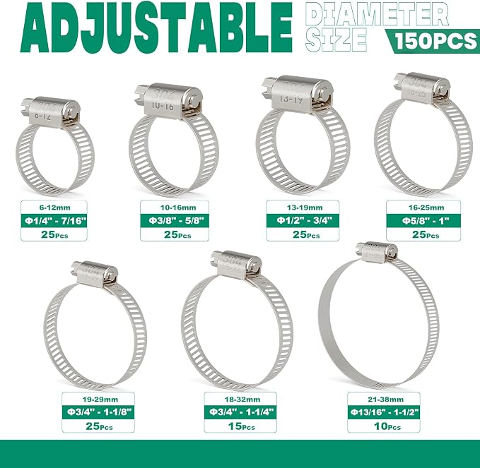 OURU 150PCS Hose Clamps Stainless Steel Assortment Adjustable 1/4"-1-1/2"(6-38mm) Worm Gear Hose Clamp, Heavy Duty Metal Small Hose Clamps for Automotive, Pipe, Radiator Plumbing, Fuel Line