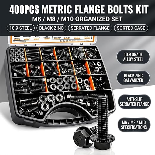 mankk 400PCS Metric Grade 10.9 Flange Bolts and Nuts Assortment Kit M6x1.0, M8x1.25, M10x1.5 (12mm to 45mm) Black Alloy Steel Class Hex Bolts and Nuts Washers Kit for Automotive