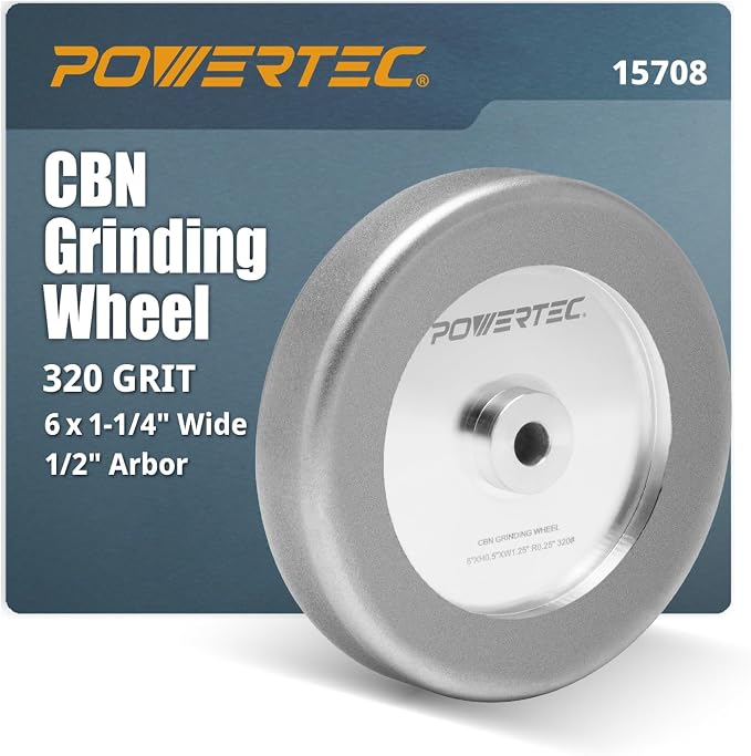 POWERTEC CBN Grinding Wheel 6 Inch 320 Grit, 1-1/4" Wide, 1/2" Arbor – 4-in-1 CBN Sharpening Wheel with 1/4" Radius Edge and Side Face for Bench Grinder (15708)