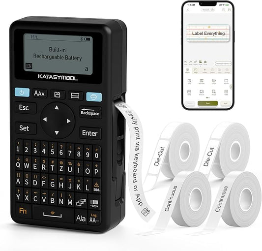 SUPVAN E11 Bluetooth Label Maker Machine with 4 Tapes, Support Keyboard & App with 30+ Fonts and 660+ Icons, Rechargeable Inkless Labeler for Home, Kitchen, Office, School, Organization, Black
