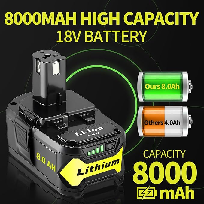 1 Pack 8.0Ah High Capacity Replacement for Ryobi 18v Battery P108 P104 P105 P102 P103 P122 P109 Li-ION Compatible with Ryobi 18V ONE+ System Cordless Power Tools and Charger